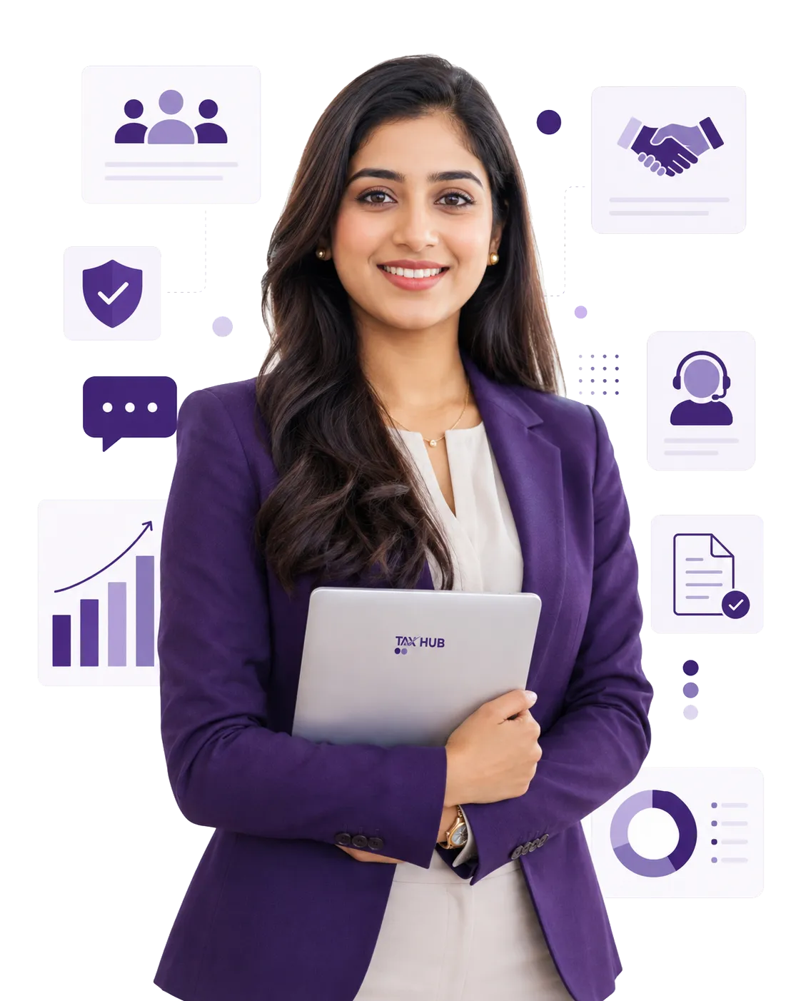 TaxHub team member with the platform, surrounded by business and compliance icons