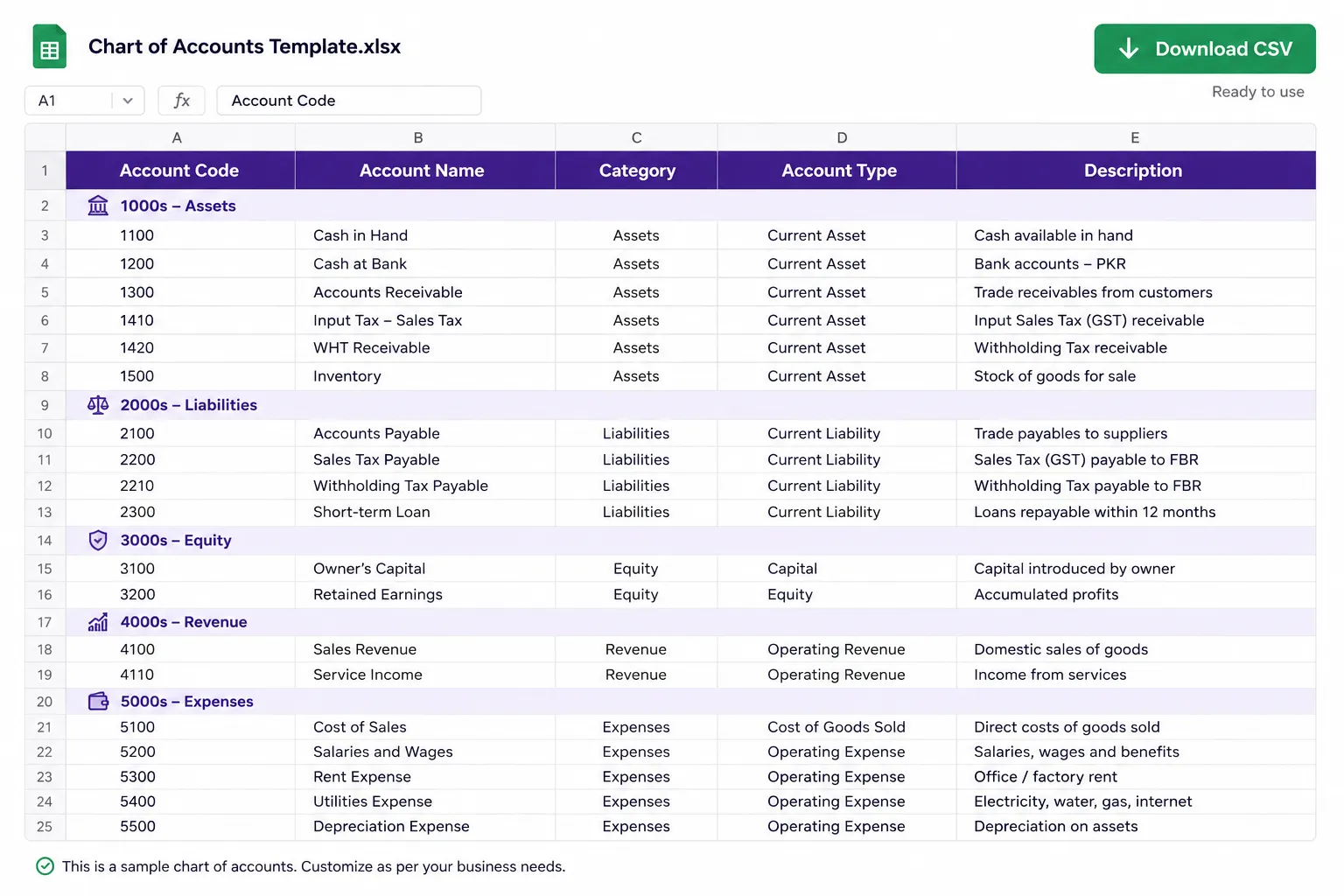 Pakistan standard chart of accounts template with account codes and names grouped by category
