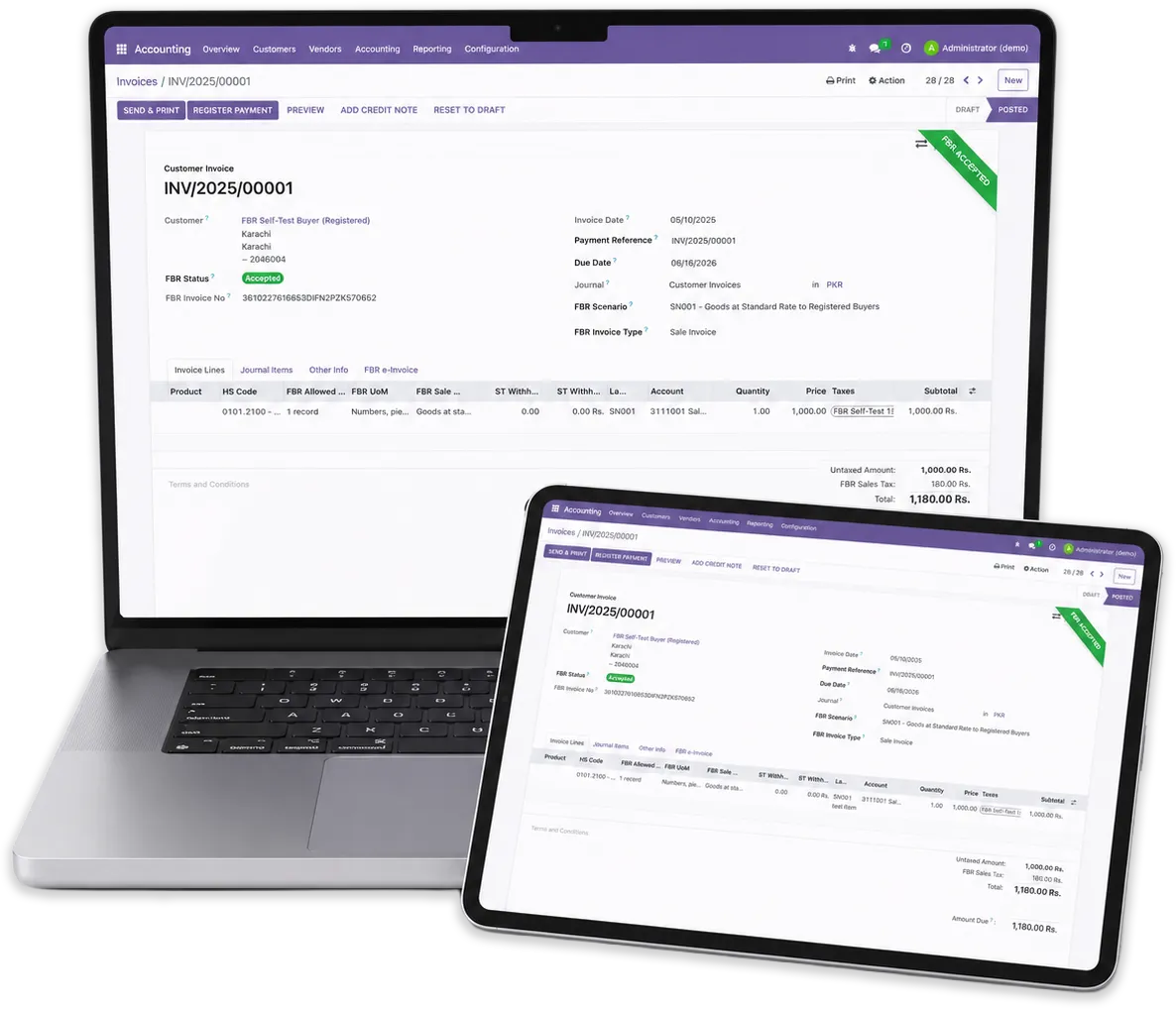 TaxHub FBR digital invoice open on a laptop and tablet