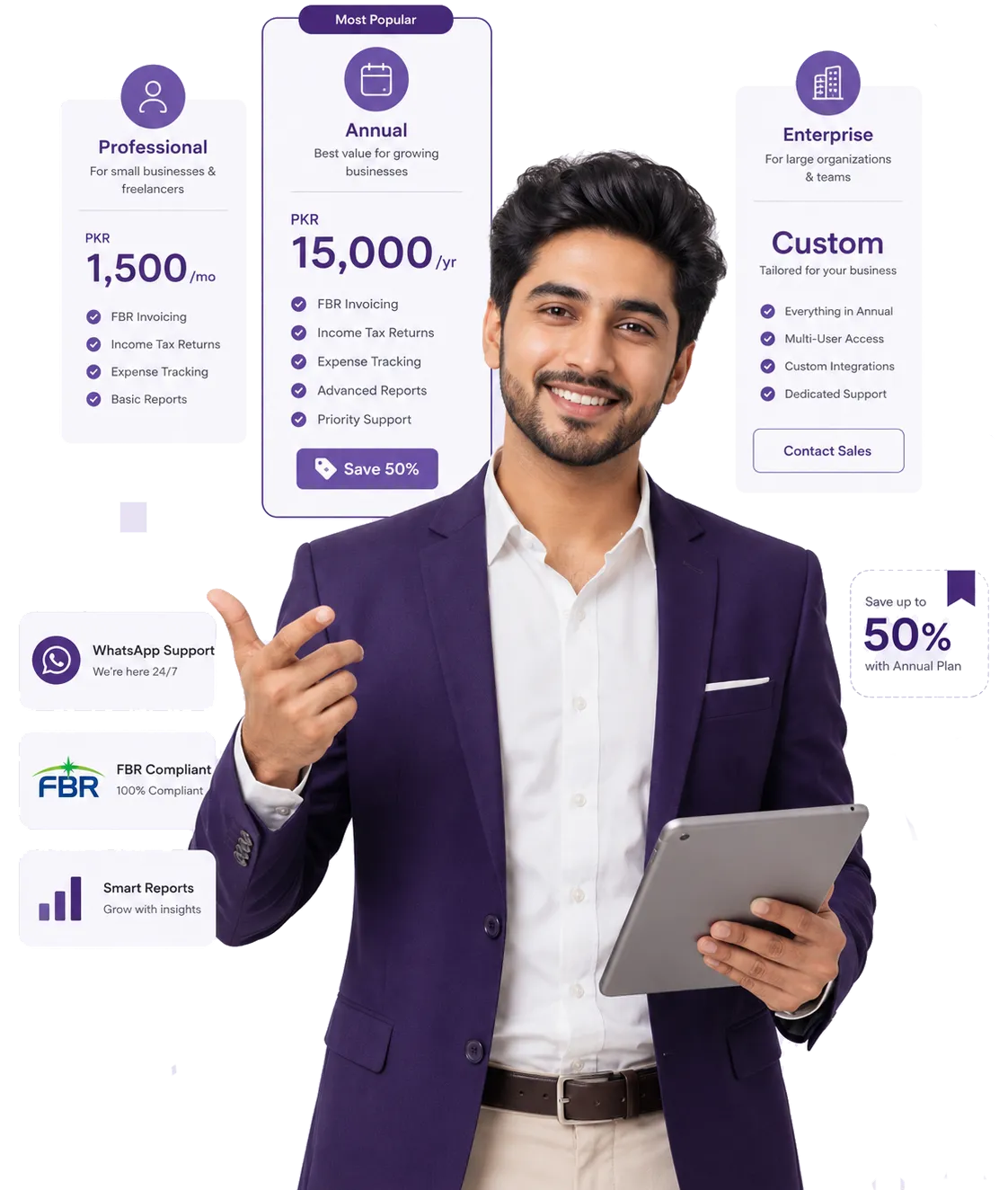TaxHub pricing plans floating around a professional holding a tablet